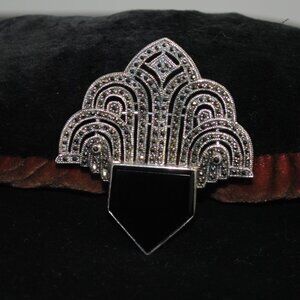 Vintage Sterling Silver Art Deco Style Marcasite & Onyx Waterfall Brooch A925